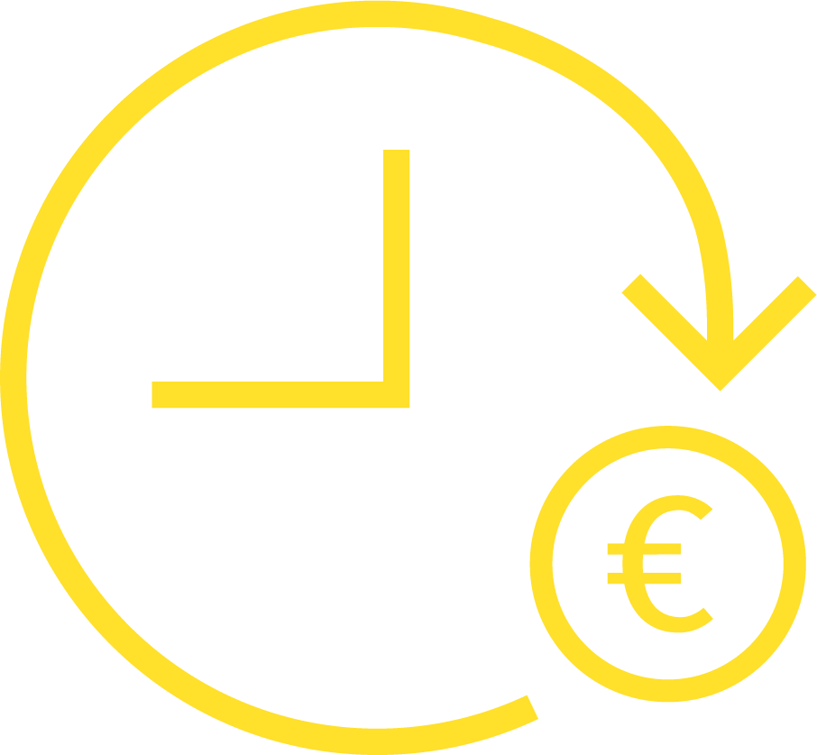 Ein gelbes Icon, das eine Uhr zeigt, bei der unten rechts ein Kreis mit Dollarzeichen eingefügt ist. Es steht für Zeiteinsparung.